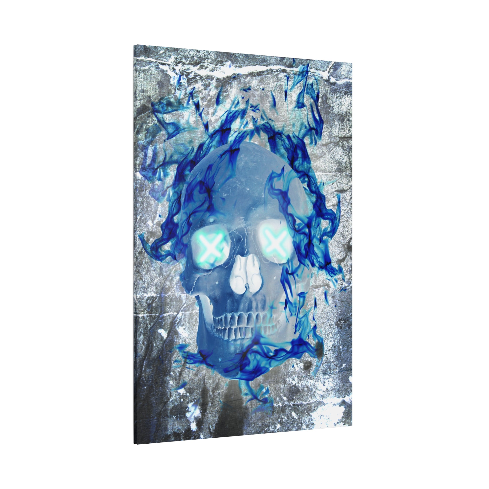 Blue Flame Skull Gothic Canvas Art - Edgy Fire Skeleton Decor
