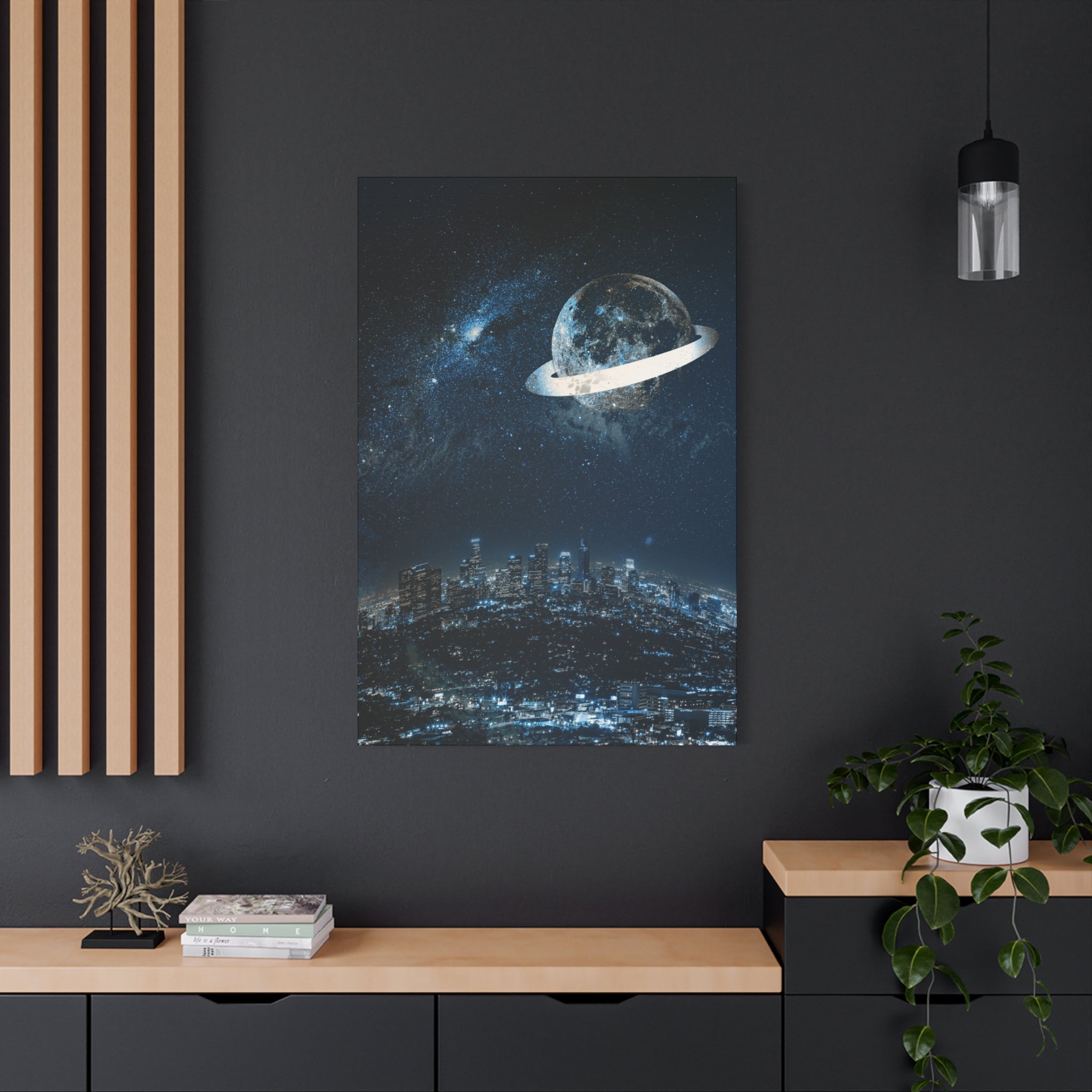 Starlight Cityscape Under a Celestial Moon Canvas Wall Art