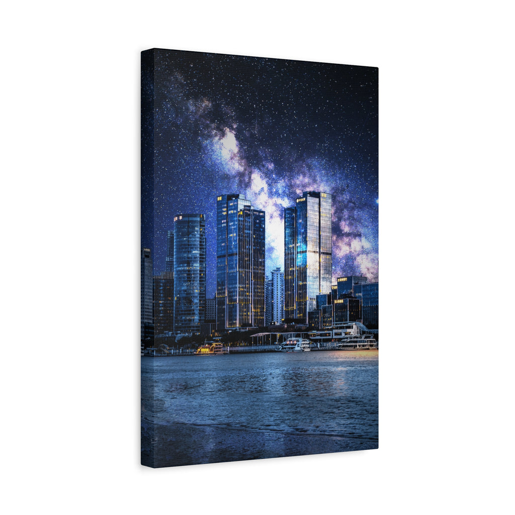 Space Cityscape on the Shore Canvas Wall Art - Neon Sci-Fi Coast Decor