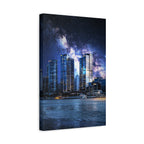 Space Cityscape on the Shore Canvas Wall Art - Neon Sci-Fi Coast Decor