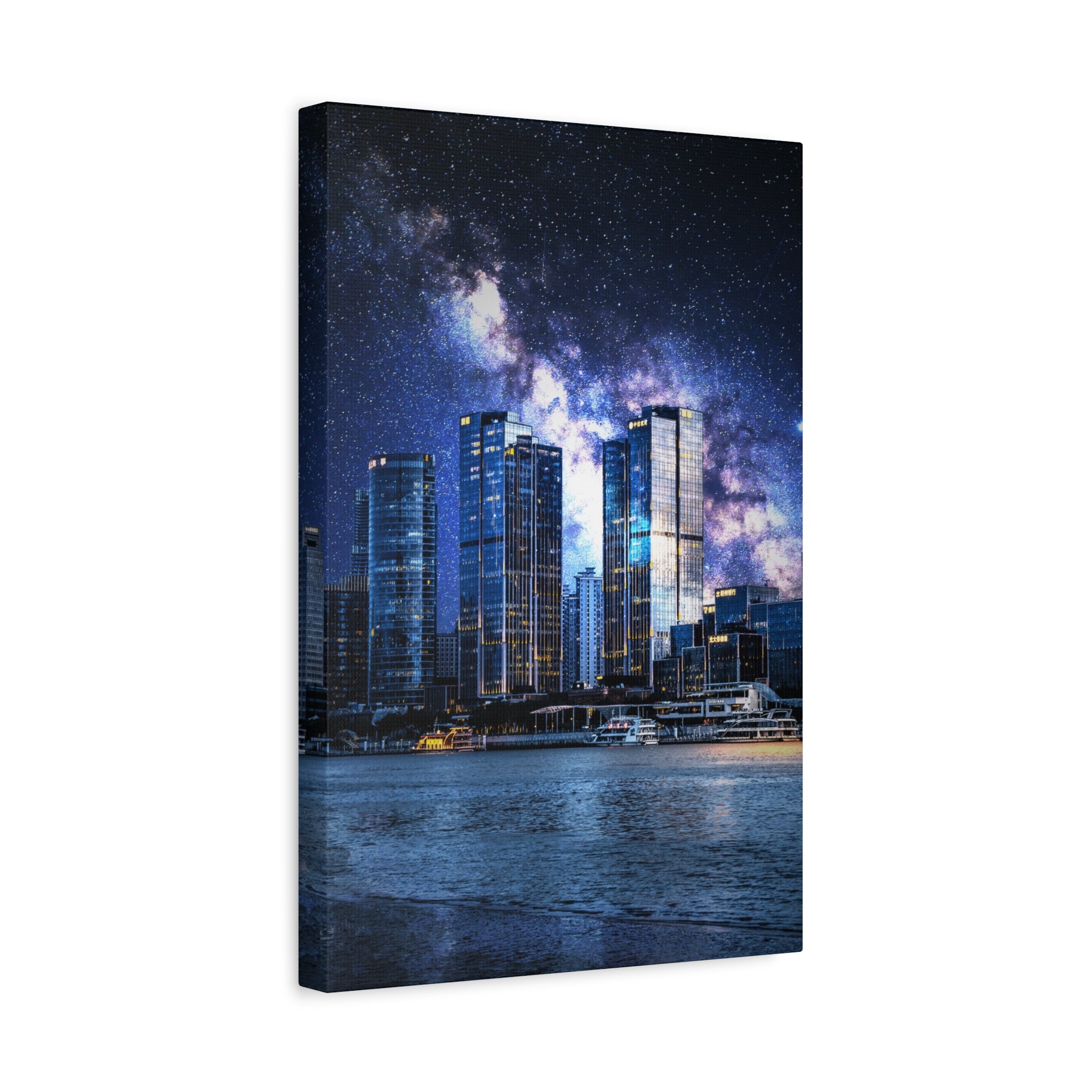 Space Cityscape on the Shore Canvas Wall Art - Neon Sci-Fi Coast Decor