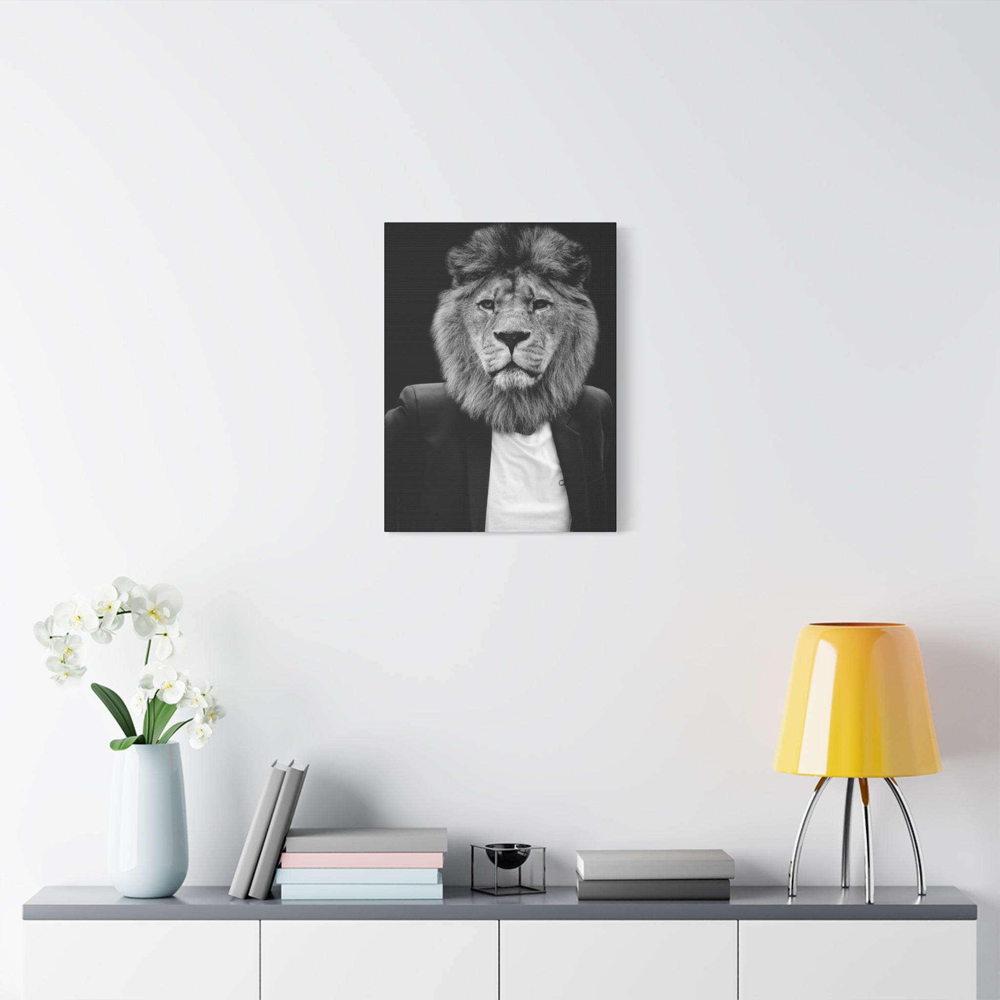 Lion in a Suit Canvas Wall Art - Modern Quirky Animal Portrait