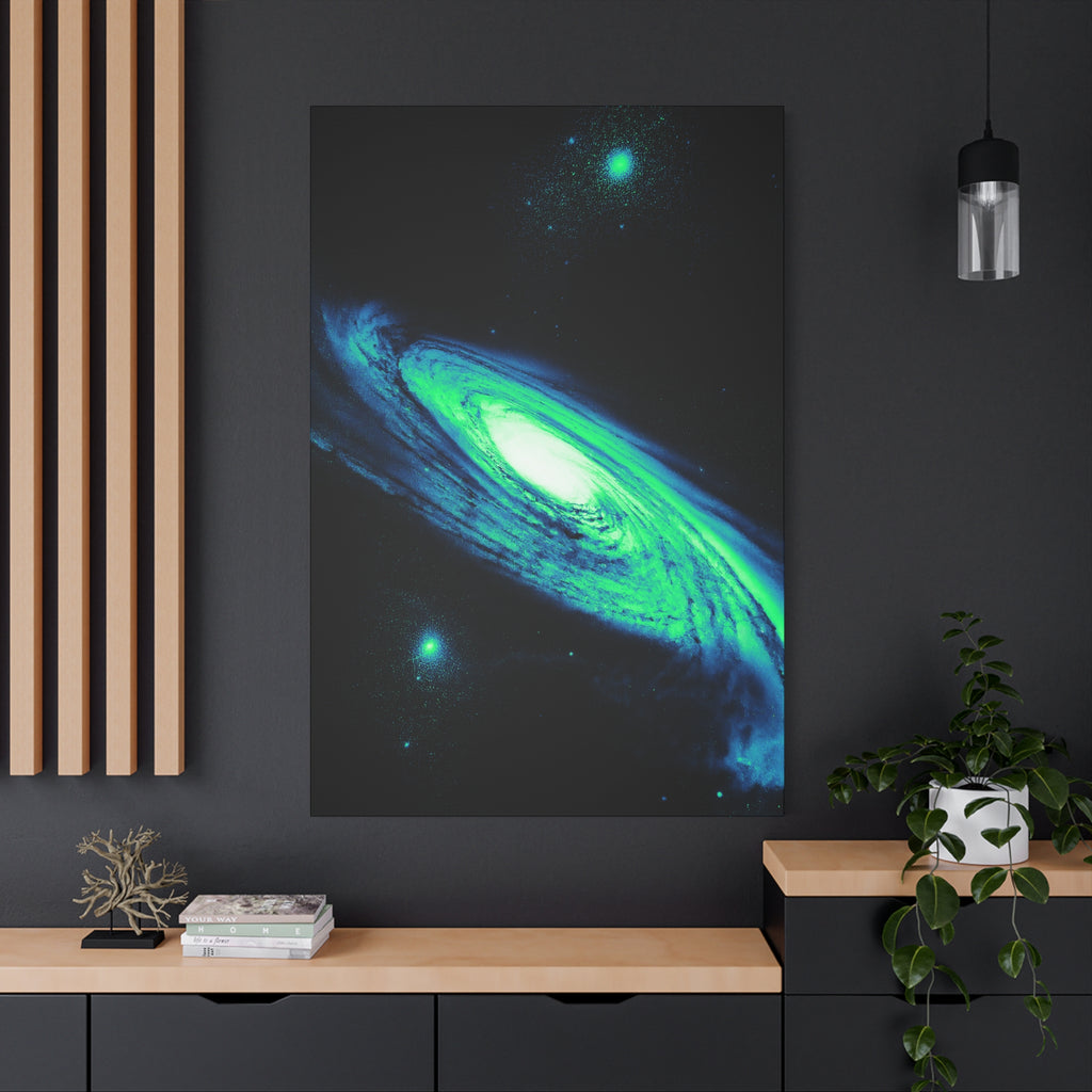 Vaporwave Green Blue Spiral Galaxy Canvas Art | Neon Retro Space Nebula Wall Decor