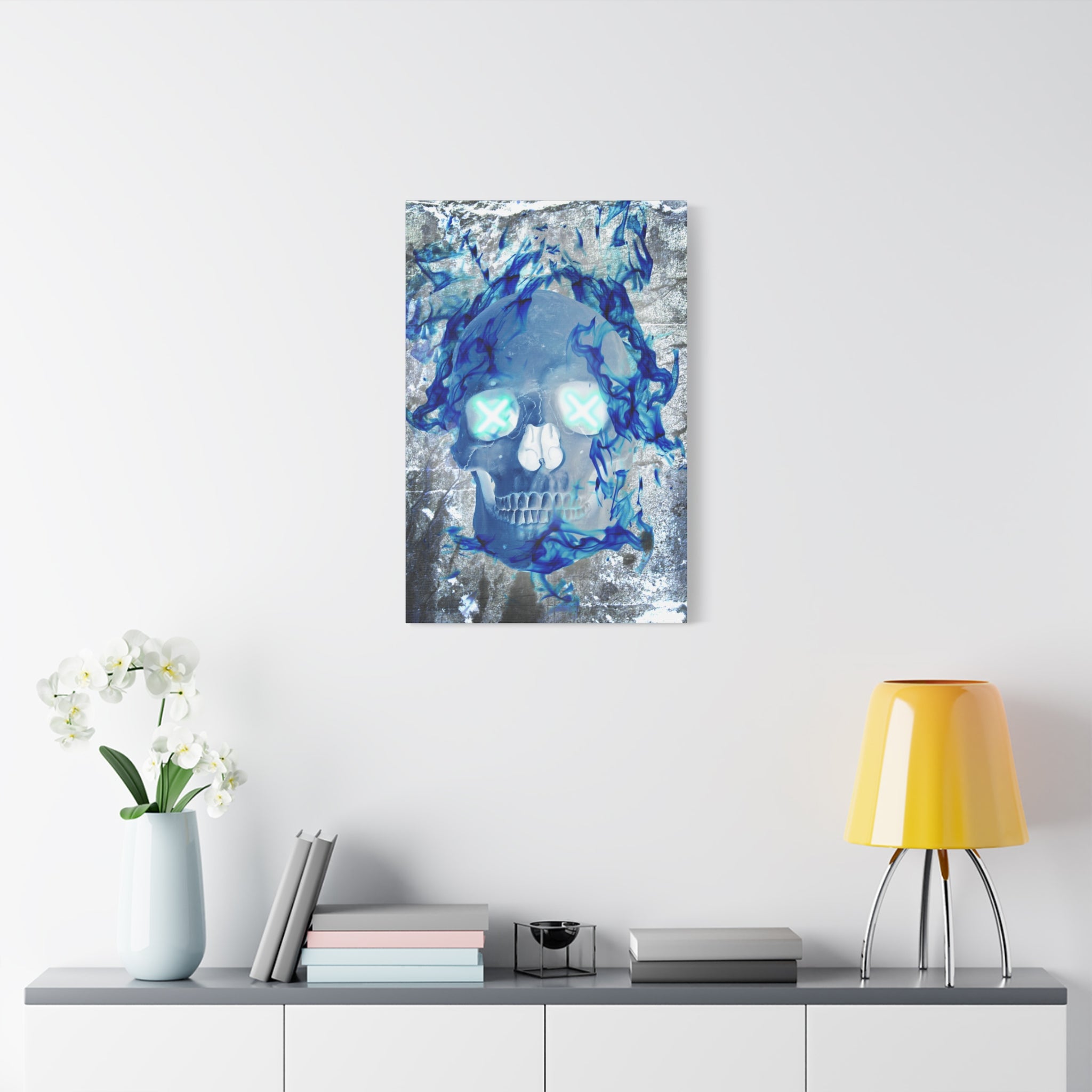 Blue Flame Skull Gothic Canvas Art - Edgy Fire Skeleton Decor