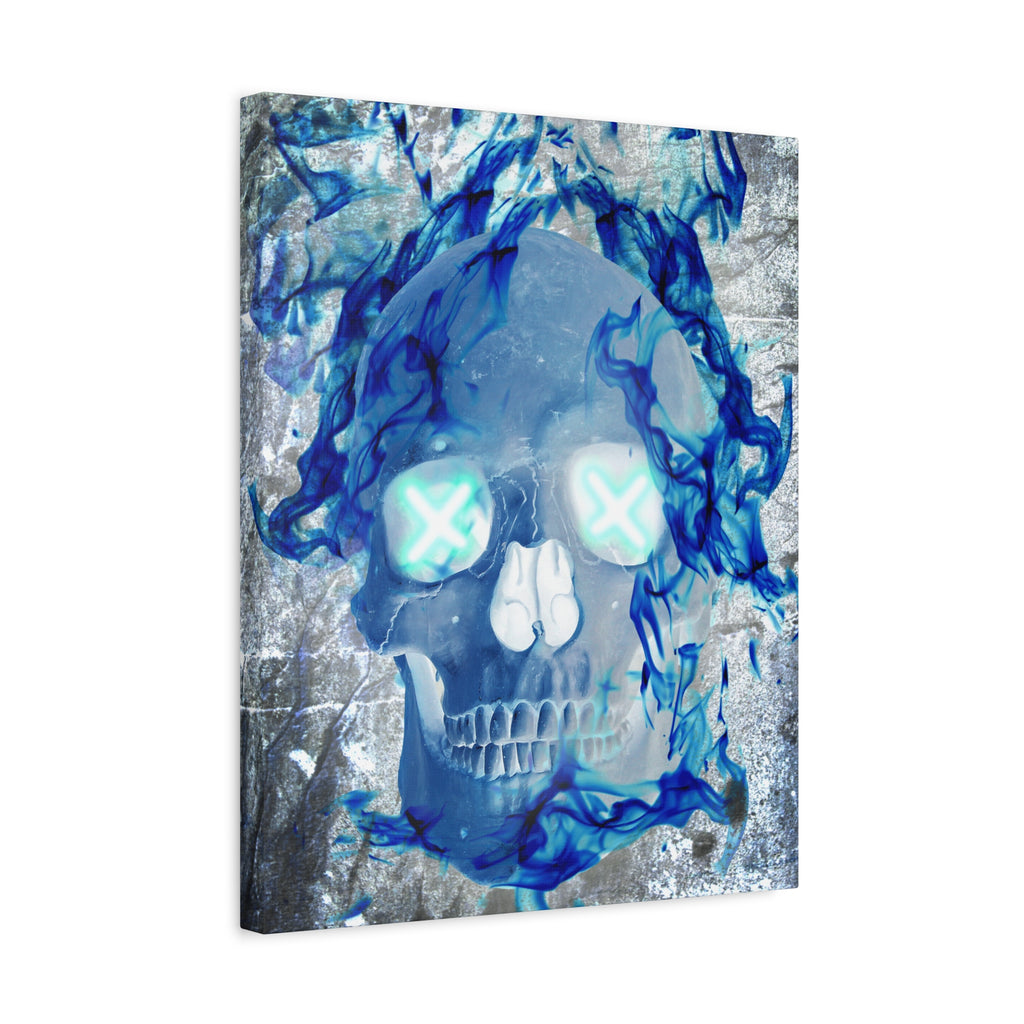 Blue Flame Skull Gothic Canvas Art - Edgy Fire Skeleton Decor