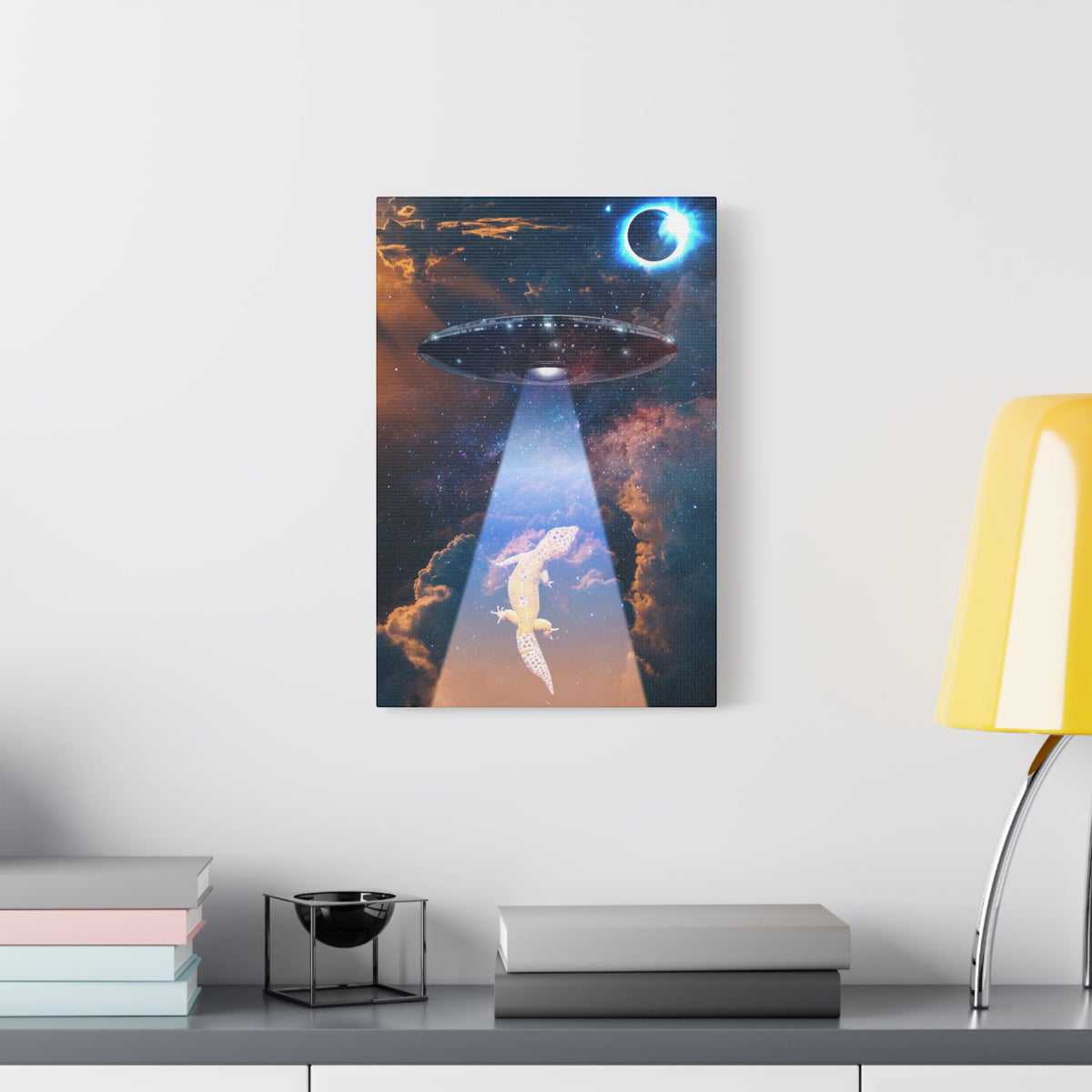 Space Lizards Canvas Wall Art - Lizard Being Abducted Ufo Decor