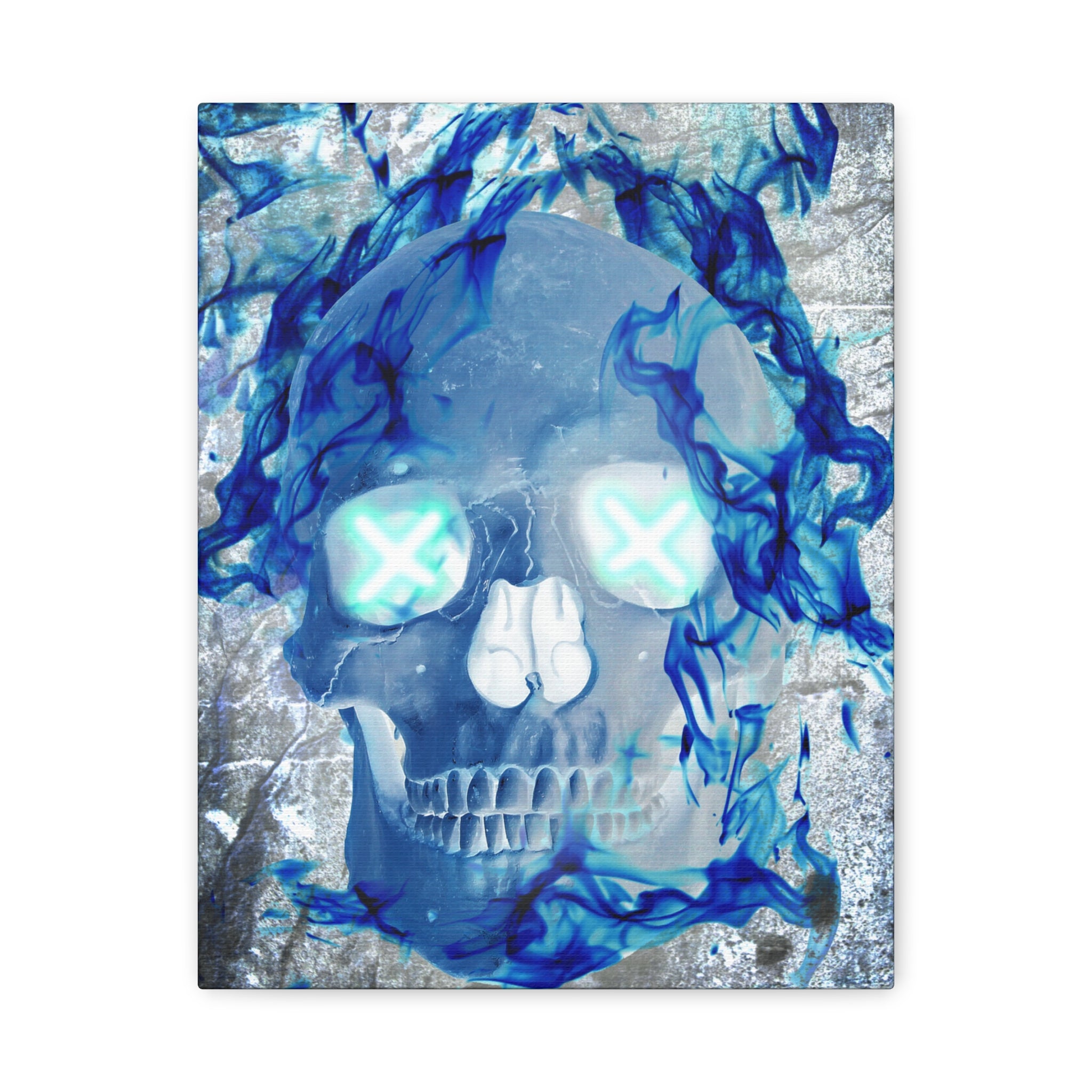 Blue Flame Skull Gothic Canvas Art - Edgy Fire Skeleton Decor