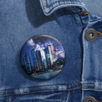Space Cityscape on the Shore Pin - Neon Night Coast Art Button