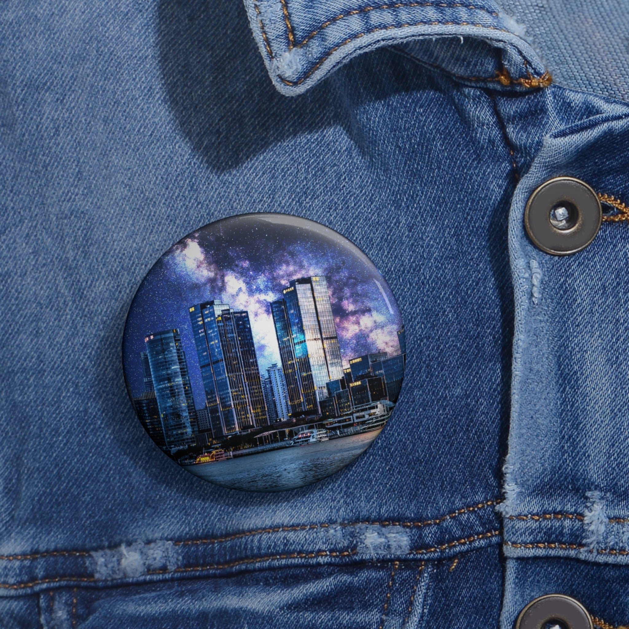 Space Cityscape on the Shore Pin - Neon Night Coast Art Button