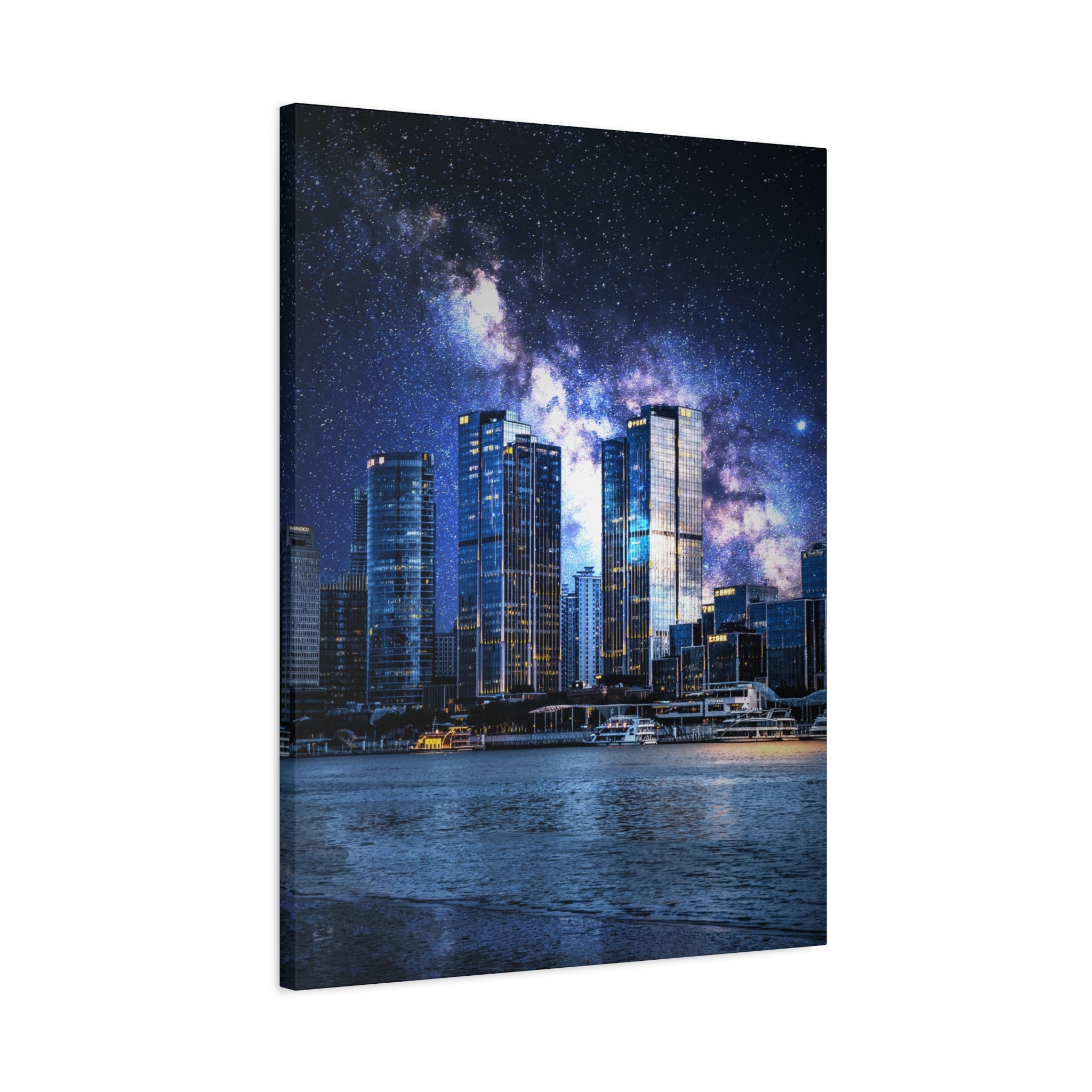Space Cityscape on the Shore Canvas Wall Art - Neon Sci-Fi Coast Decor
