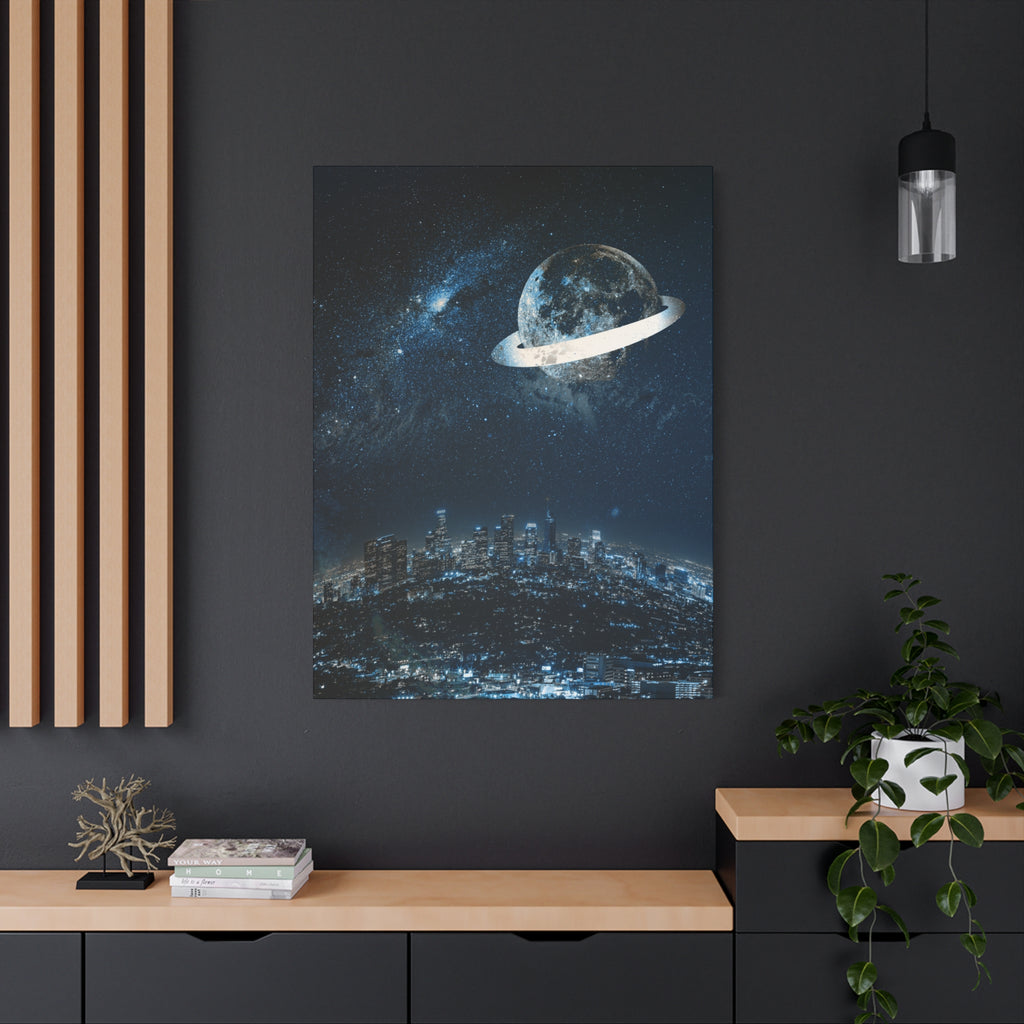 Starlight Cityscape Under a Celestial Moon Canvas Wall Art