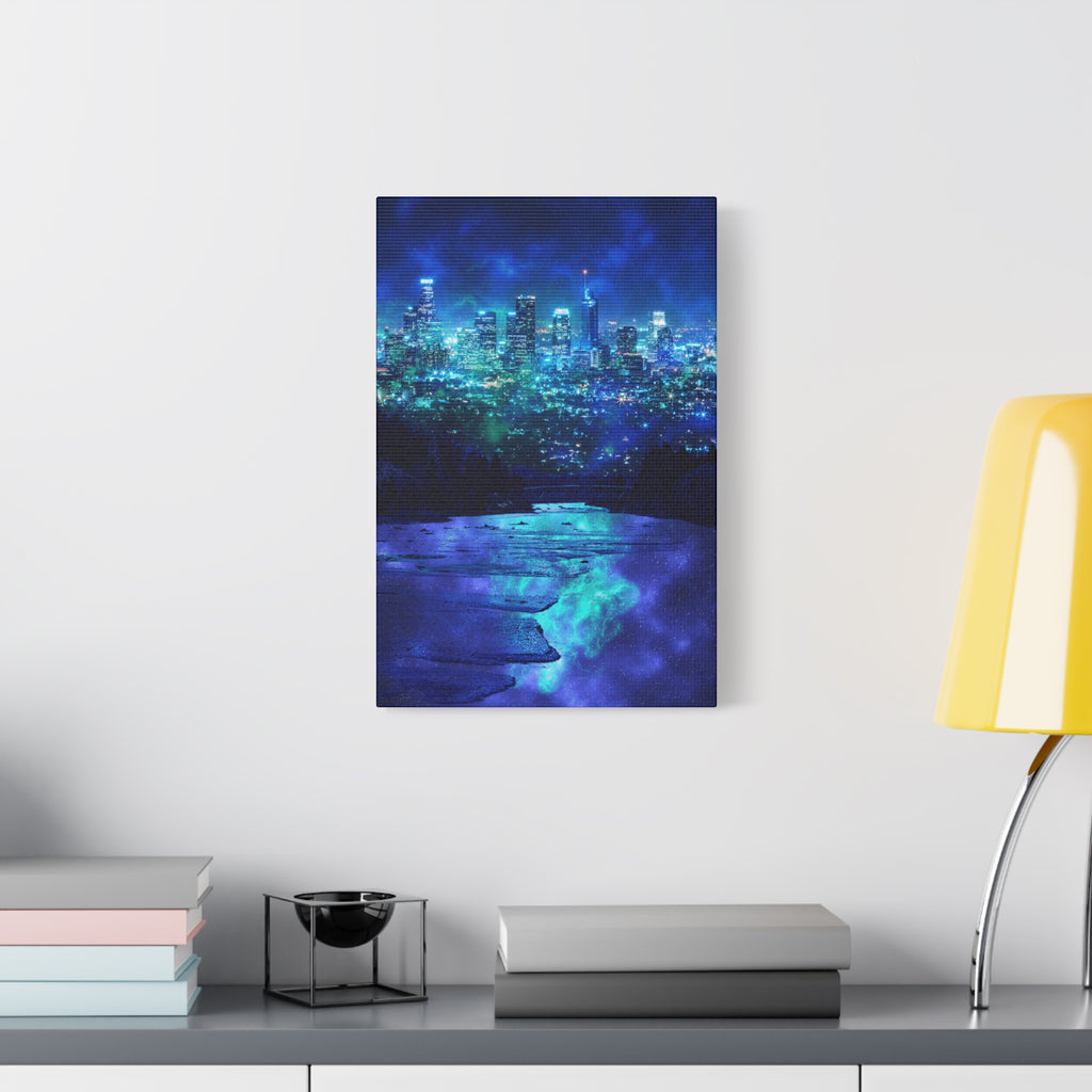 Cosmic Frosted City Canvas Art - Winter Metropolitan Nightscape