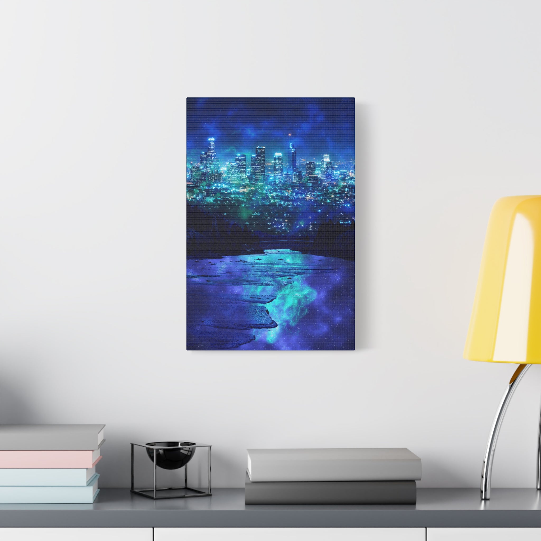 Cosmic Frosted City Canvas Art - Winter Metropolitan Nightscape