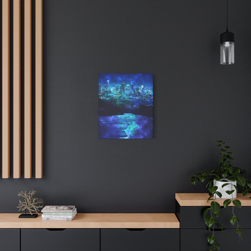 Cosmic Frosted City Canvas Art - Winter Metropolitan Nightscape