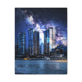 Space Cityscape on the Shore Canvas Wall Art - Neon Sci-Fi Coast Decor