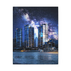 Space Cityscape on the Shore Canvas Wall Art - Neon Sci-Fi Coast Decor