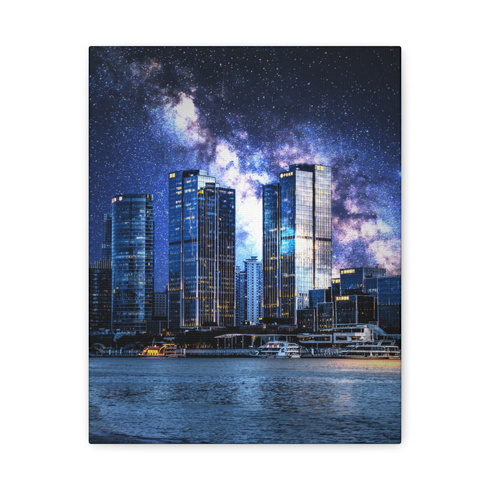 Space Cityscape on the Shore Canvas Wall Art - Neon Sci-Fi Coast Decor