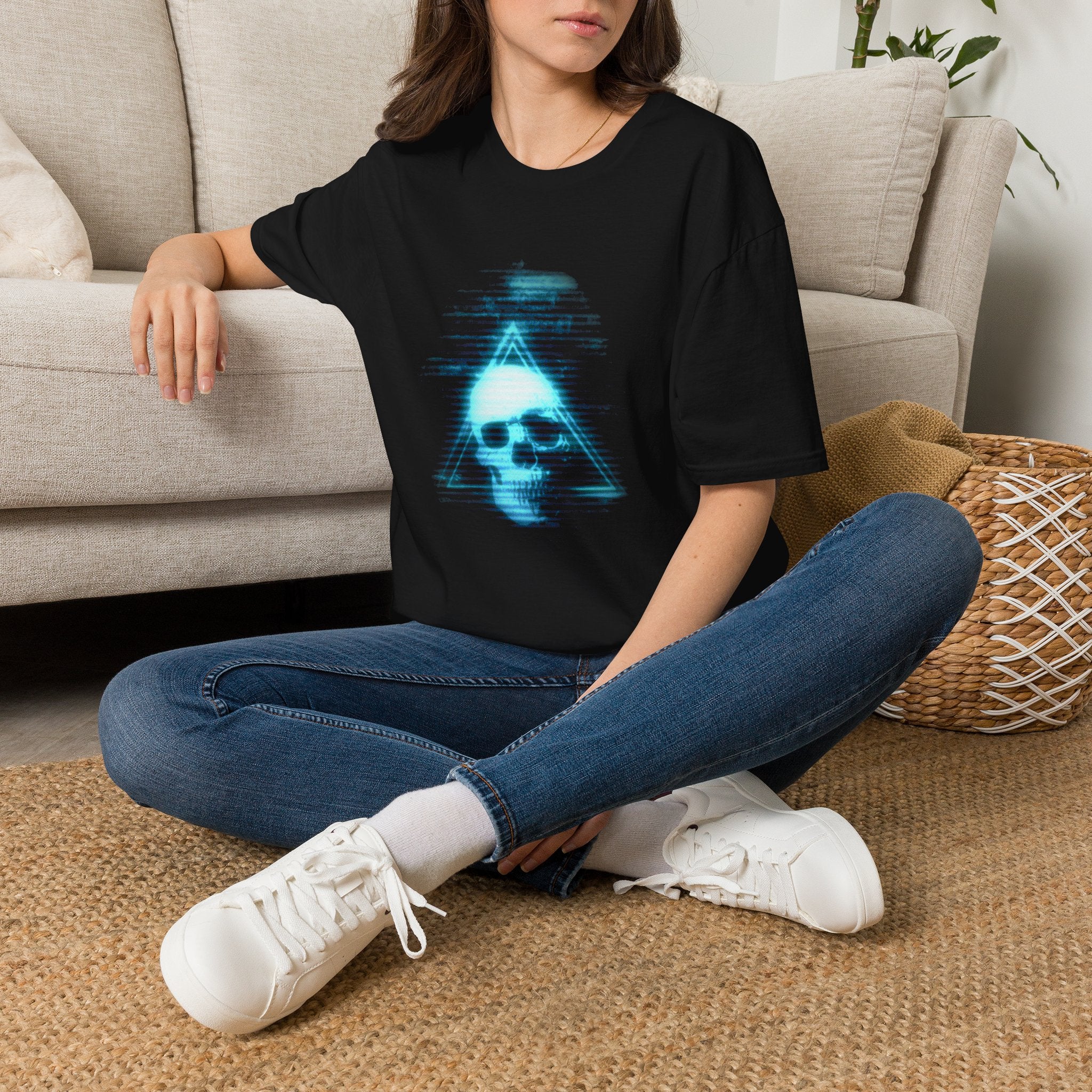 Neon Blue Glitch Triangle Skull Tee - Pastel Vaporwave CRT Shirt