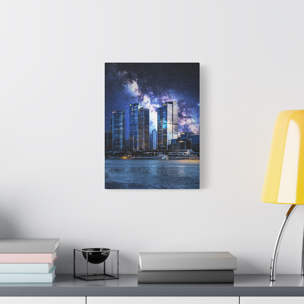 Space Cityscape on the Shore Canvas Wall Art - Neon Sci-Fi Coast Decor