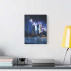 Space Cityscape on the Shore Canvas Wall Art - Neon Sci-Fi Coast Decor