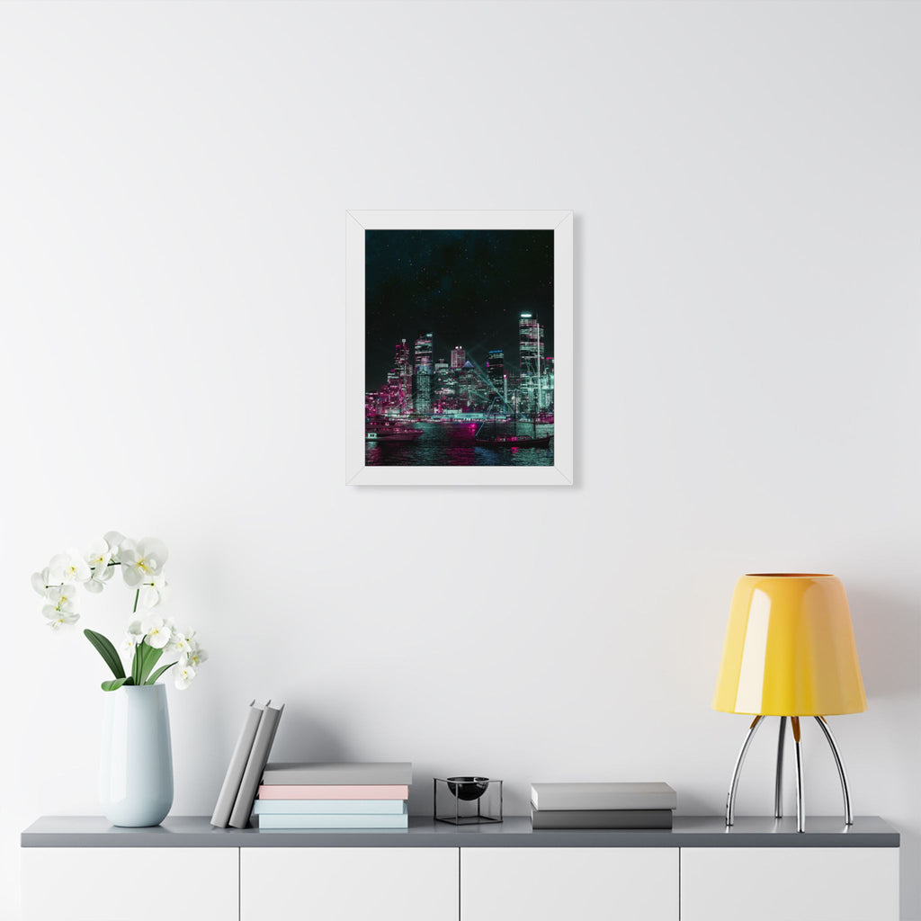 Cyberpunk Harbor Buildings Poster - Neon Cityscape Art Print