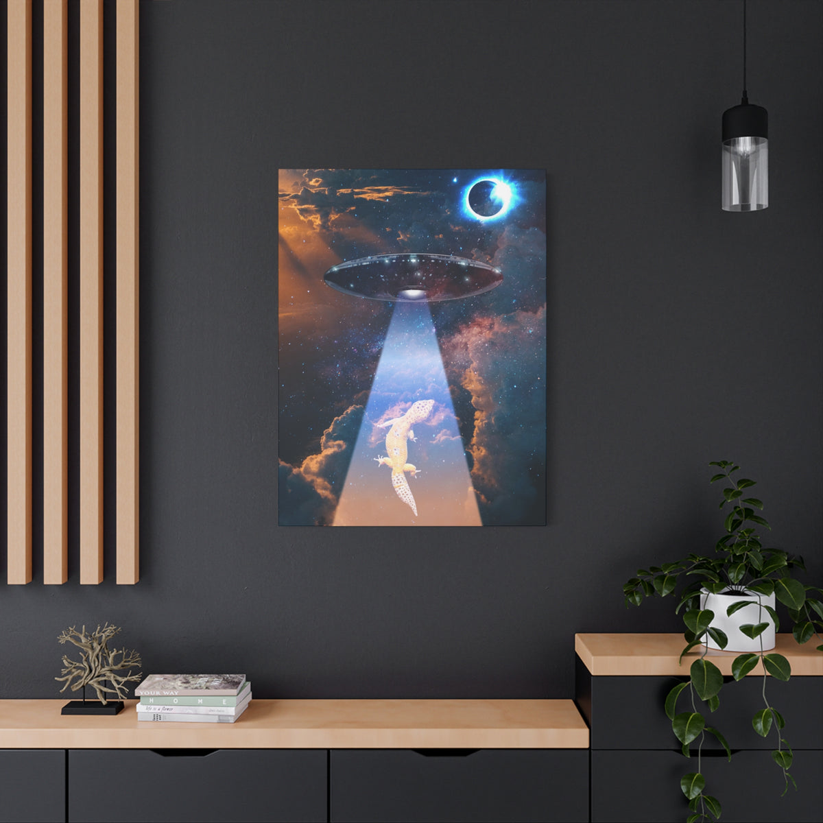 Space Lizards Canvas Wall Art - Lizard Being Abducted Ufo Decor
