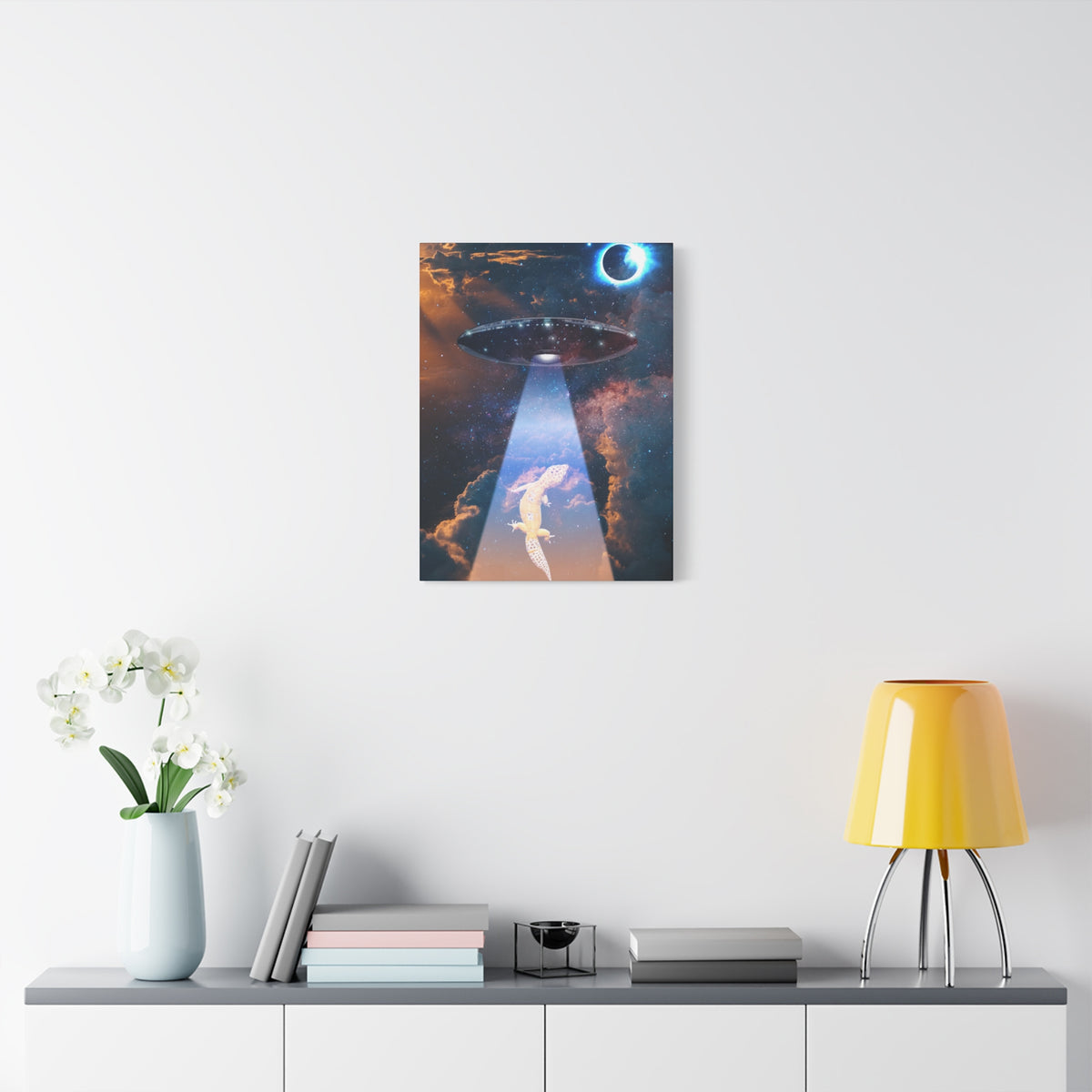 Space Lizards Canvas Wall Art - Lizard Being Abducted Ufo Decor