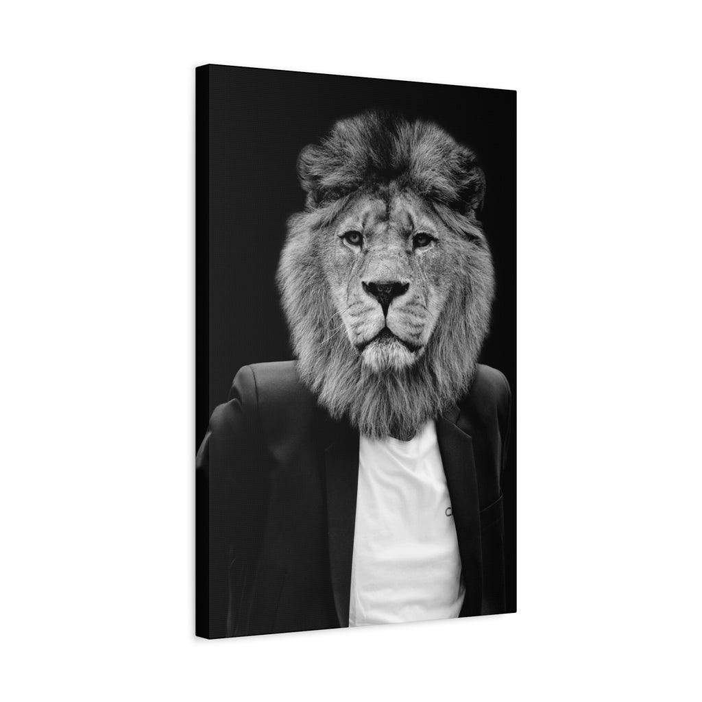 Lion in a Suit Canvas Wall Art - Modern Quirky Animal Portrait