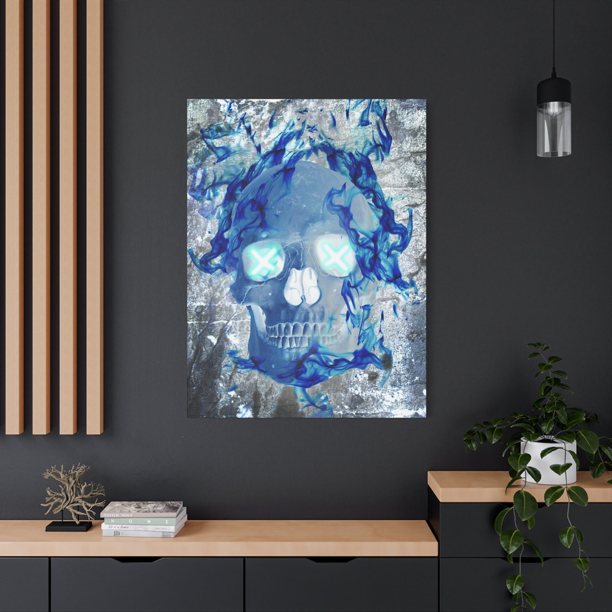 Blue Flame Skull Gothic Canvas Art - Edgy Fire Skeleton Decor