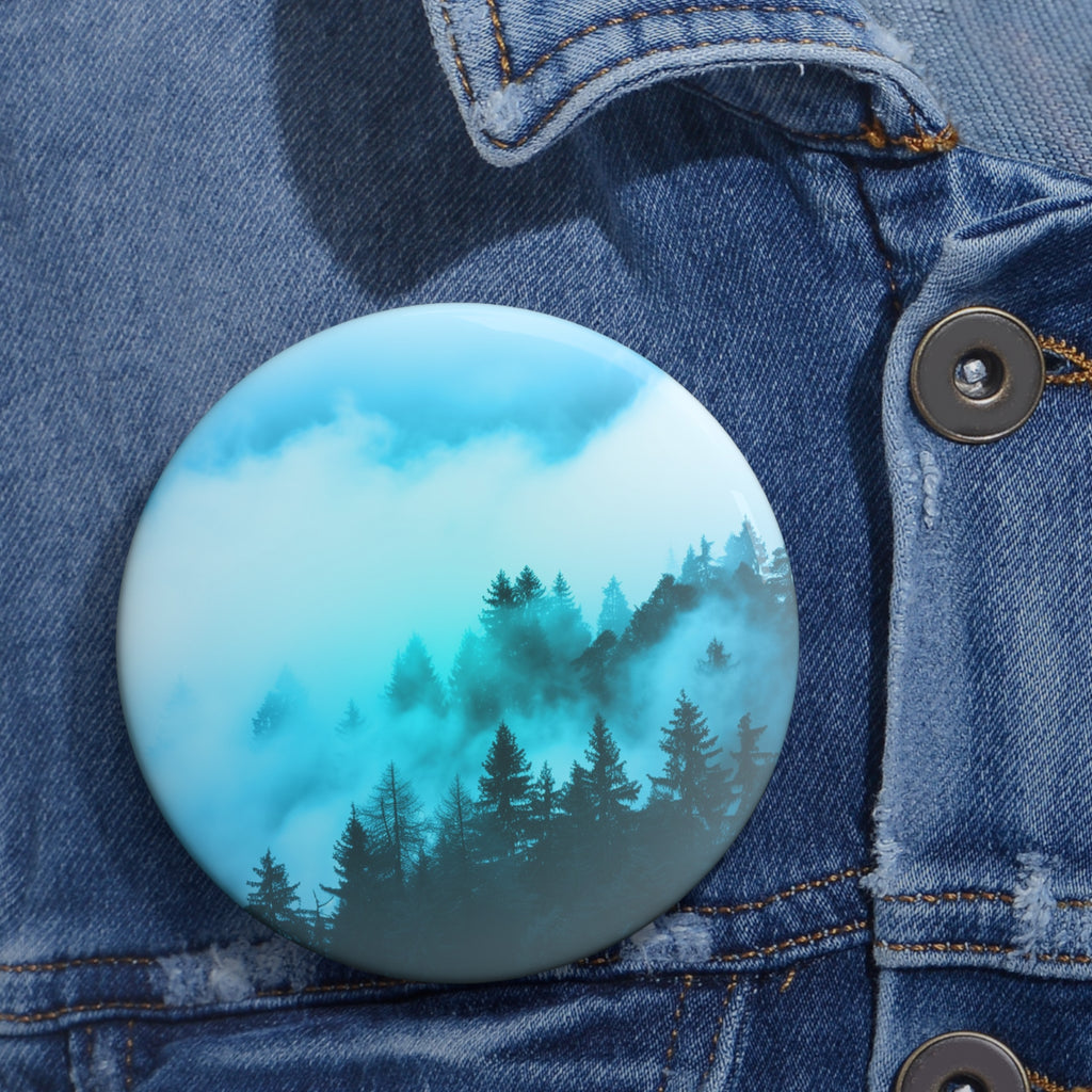 Misty Blue Mountain Fog Pin - Landscape Art Button