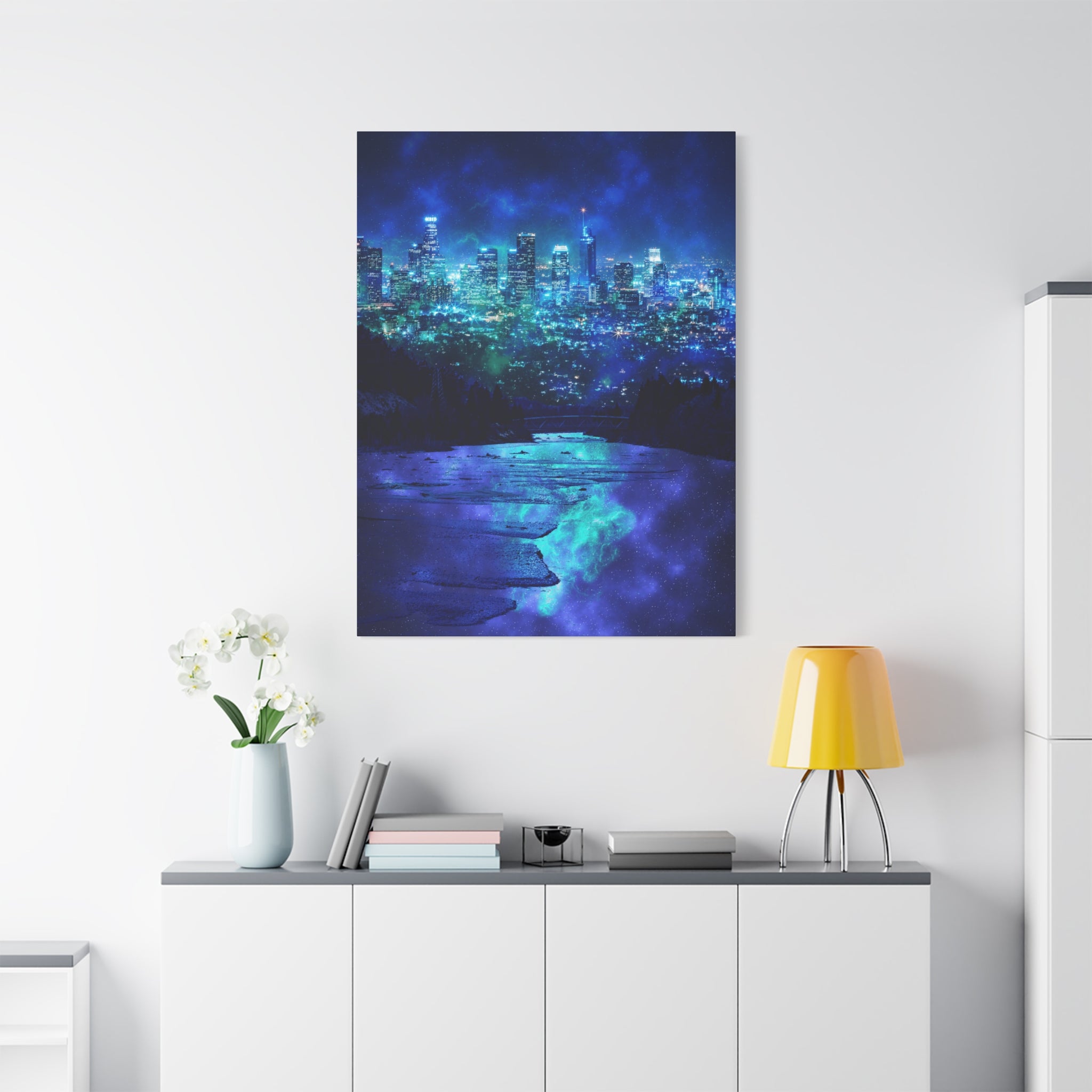 Cosmic Frosted City Canvas Art - Winter Metropolitan Nightscape