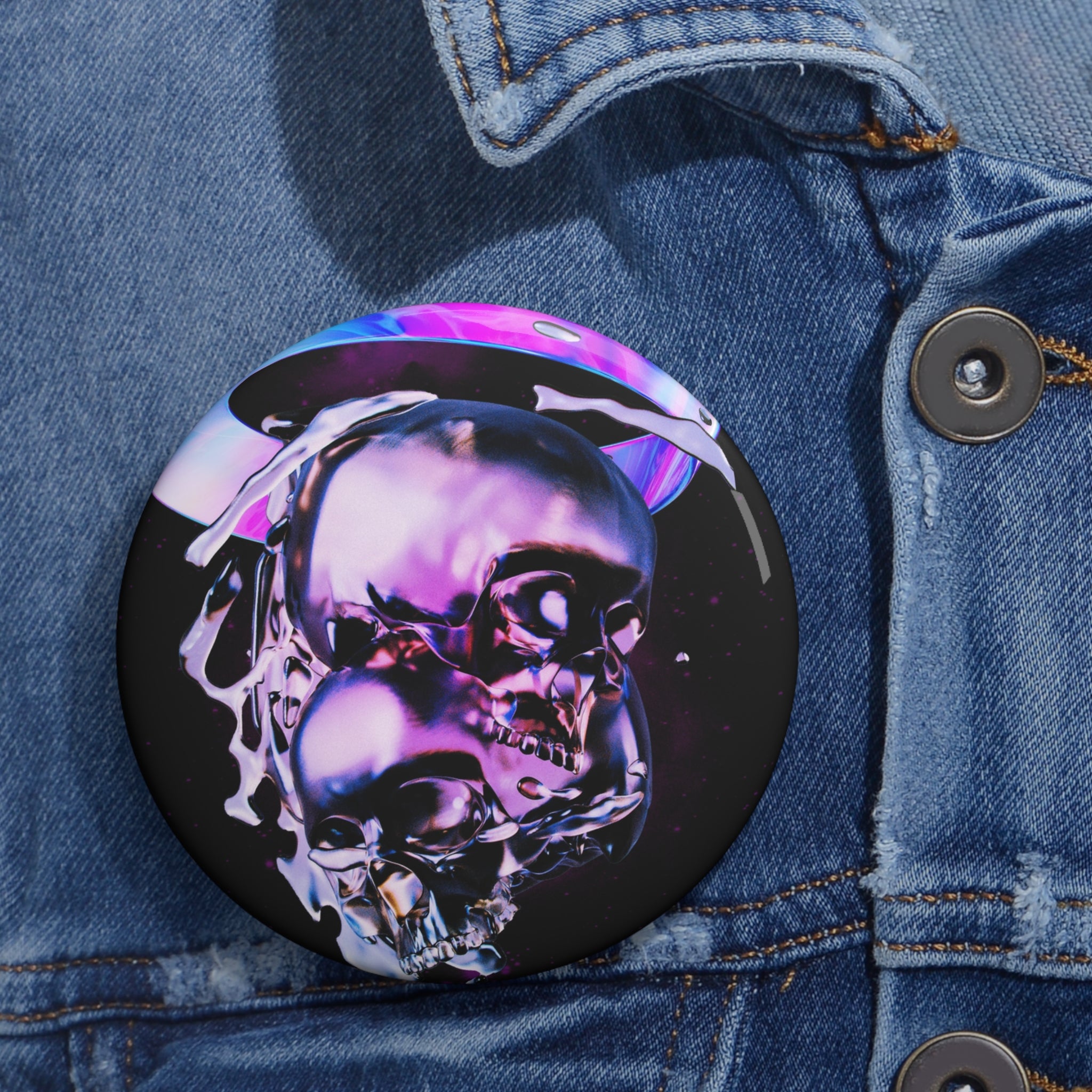 Melted Skeleton Skulls Pin - Cosmic Skull Art Button