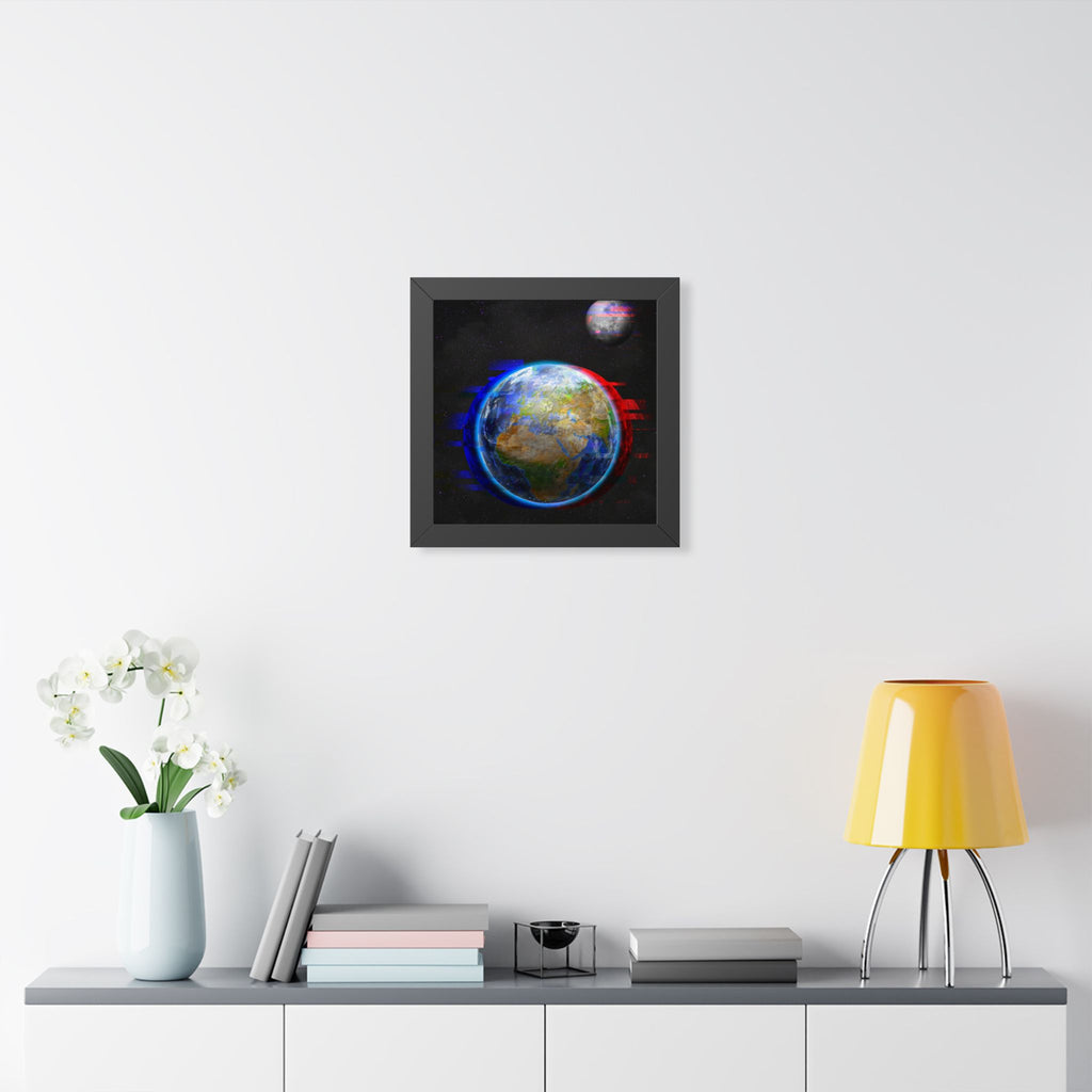 Earth Glitched Framed Poster - Digital Glitch Space Wall Art