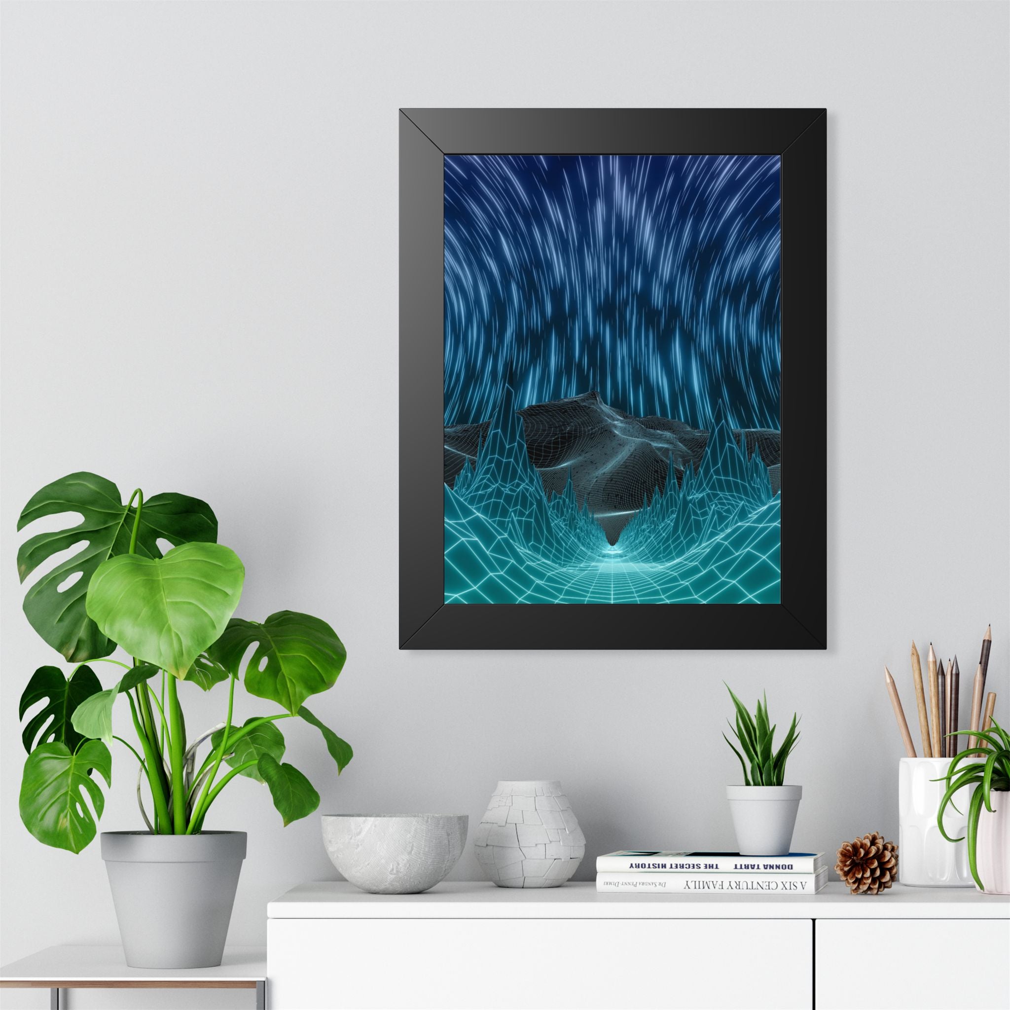 Cyber Wave Escape Framed Poster - Synthwave Neon Wall Art