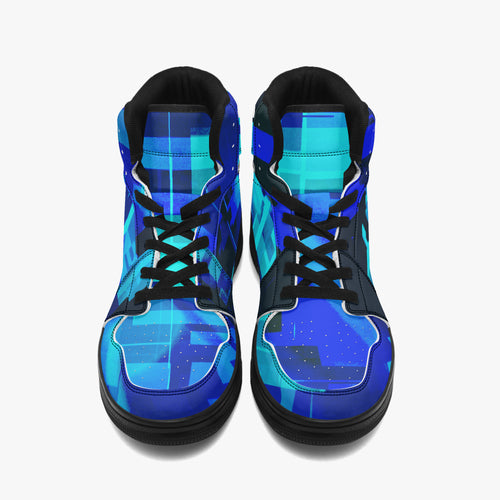 Data Cube Glitch High-Top Sneakers - Blue Geometric Grid Art