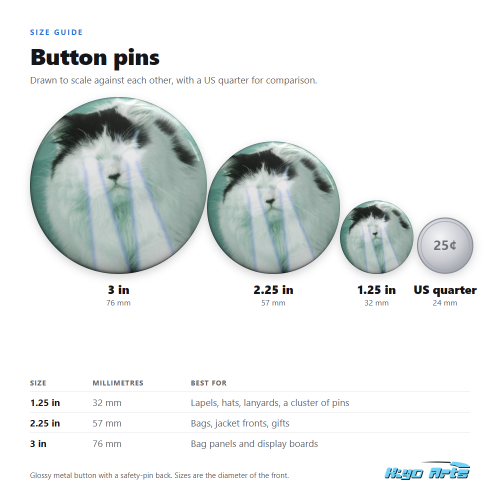 Kiyo Arts button pin size chart: 1.25, 2.25 and 3 inch pins next to a US quarter