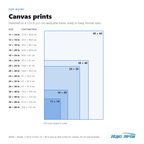 Kiyo Arts canvas print size chart: 15 portrait sizes from 11 x 14 in to 40 x 60 in