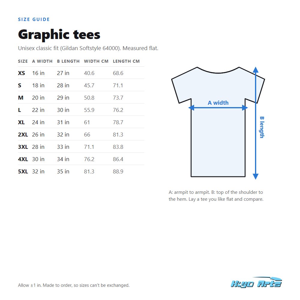 Kiyo Arts graphic tee size chart: XS to 5XL width and length